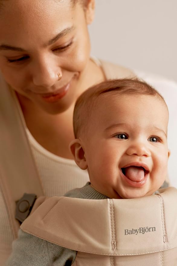 BabyBjörn Baby Carrier Mini, Beige, Woven | Newborn Carrier (7-25 lbs), Ergonomic, Easy-to-Use