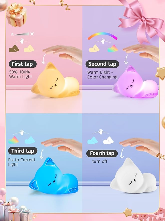 Mubarek 【Remote + Gifts Package】 Cat Night Light for Kids,16 Colors Dimmable Teen Girl Gifts Trendy Stuff, TAP for Fun Cute Stuff for Teen Girls,Cute Room Decor for Girl