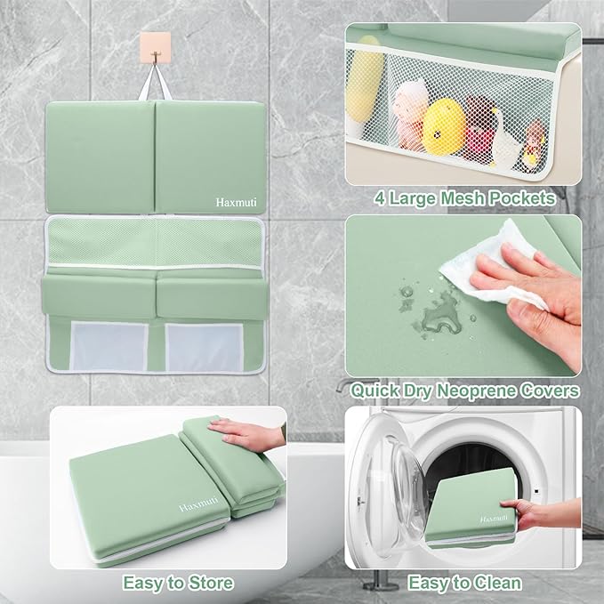 Bath Kneeler and Elbow Rest Pad Set, Thick and Quick Dry Kneeling Pad Support for Knee and Arm, Extra Large Baby Bath Kneeler Pads Bathtub Mat with Toys Organizer for Baby Bath Time, Grey Green