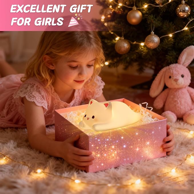 LOVERUIS Cute Night Light for Kids Cat Night-Light Baby Girl Squishy NightLight 1/3 Hour Timer Kitty Light Baby Dimmable Nursery Lamp Colorful Nightlight Gift for Kid Toddler Kawaii Bedroom (Kiki)