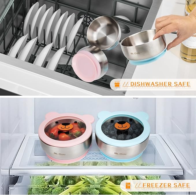 MR. CHOU Food-Grade Stainless Steel Baby Bowls with Leakproof Tempered Glass Lid, First Stage Baby Led Weaning Supplies for Boys & Girls, Silicone Suction Bowls for Baby Feeding (Pink)