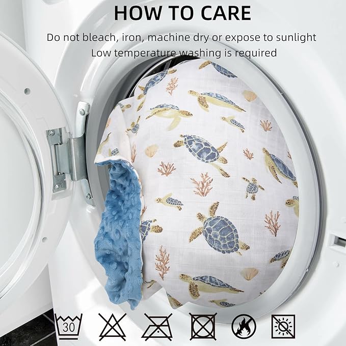 LifeTree Baby Blankets for Boys Girls, Soft Double Layer Swaddle Blankets, Muslin Front and Dotted Fleece Backing Receiving Bed Throw Blanket for Newborn Unisex, 31X40 Inches, Seaturtle
