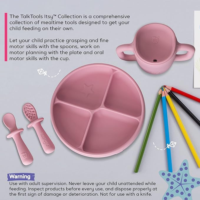 TalkTools ITSY Silicone Baby Plates Set with Suction – Feeding Essentials for Toddlers 6–12 Months+ | BLW Mealtime Set with Twin Spoon, Spill-Proof Sippy Cup | Self-Feeding Utensils