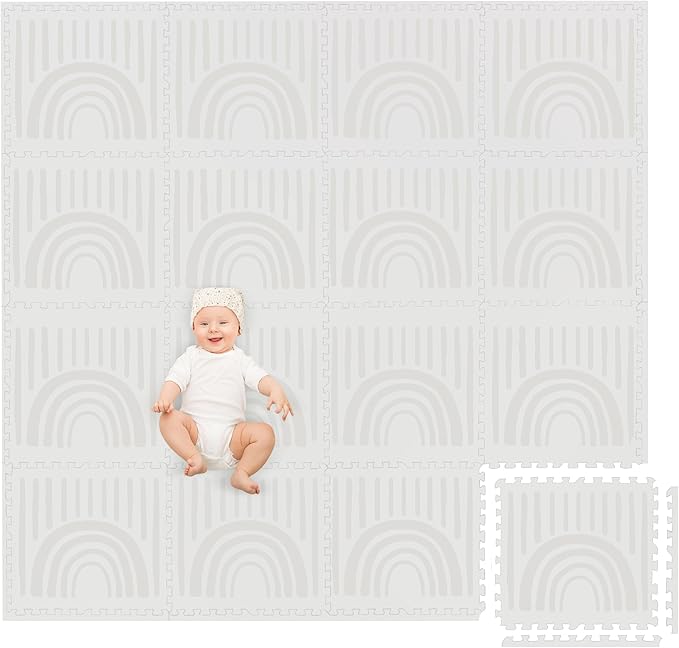 Play Platoon Non-Toxic Large Kids Play Mat, 16 Foam Mat Tiles 96 x 96 inch - Extra-Thick Interlocking Comfortable 24 x 24 in. Puzzle Baby Play Mats for Floor, Neutral Baby Play Mat Rug for Toddlers