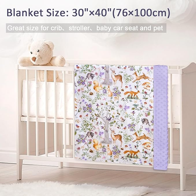 Baby Blanket, Purple Fleece Baby Blankets for Boys Girls, Warm Soft Portable Toddler Minky Blanket with Woodland Animal Print, for Newborn Crib, Stroller, 40 x 30 Inch