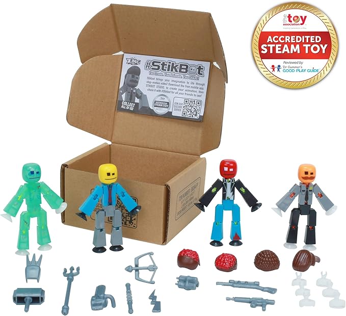 Zing StikBot Zombie Hunters Pack, Set of 4 Printed StikBots Collectable Figures, Includes 4 StikBots and Accessories, Stop Motion Toy for Kids Ages 4 and Up
