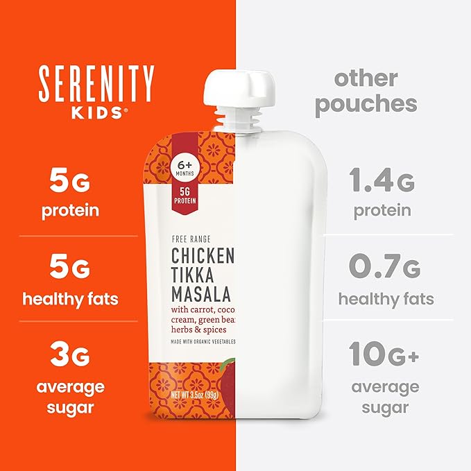 Serenity Kids 6+ Months Toddler Food Pouches - 3.5 oz, Pack of 6-5g Protein & Baby Food Protein Pouches - Chicken Tikka Masala & Chicken Puree - Quick Toddler Meals & Baby Snacks