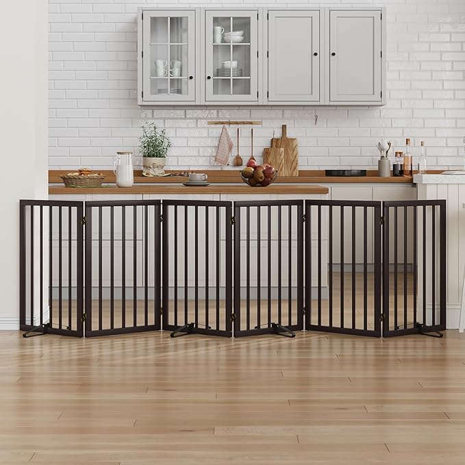 Dog Gate for Doorways 32" Tall Freestanding Dog Gate for Stair Foldable Pet Gate for Dogs Indoor (Brown,6 Panel)