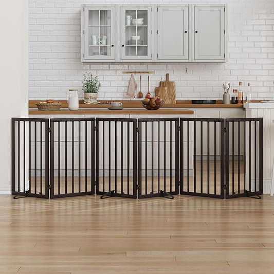 Dog Gate for Doorways 32" Tall Freestanding Dog Gate for Stair Foldable Pet Gate for Dogs Indoor (Brown,6 Panel)