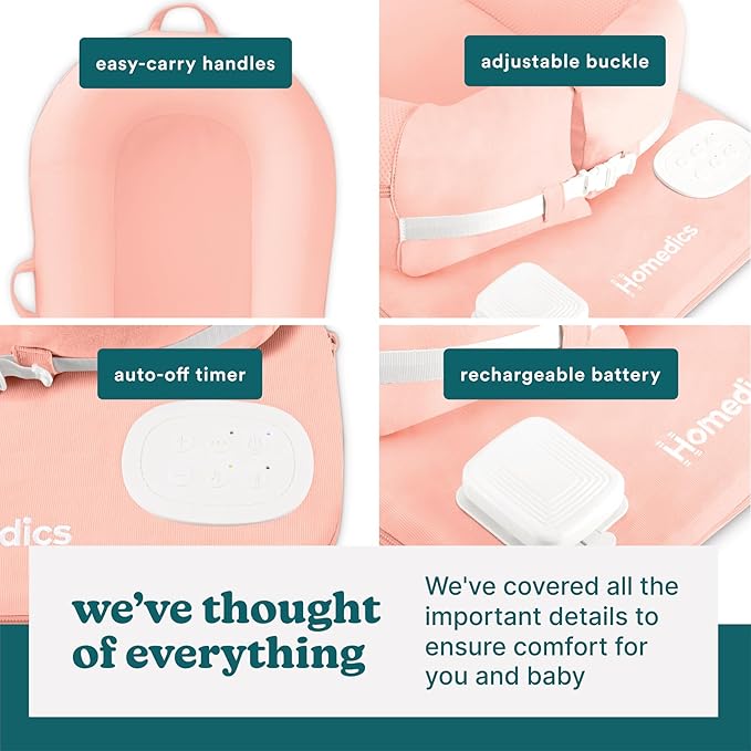 MyBaby 3-in-1 Calming Baby Cushion, Soothing Comfort for Newborns & Infants, Snuggling Sensation, Sound and Vibration, Designed for Safety, Rechargeable & Machine-Washable, by Homedics, Coral