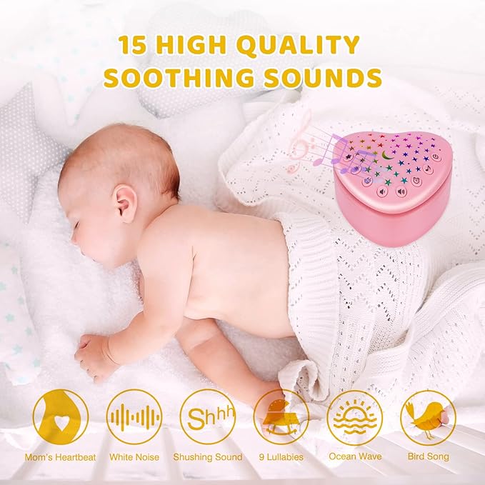 A13 White Noise Machine & Baby Sleep Soother with 15 Soothing Sounds & Projector LED Star Night Light, Cry Sensor, Rechargeable Lithium Battery, Portable for Baby Gifts, Children, Toddlers (Pink)