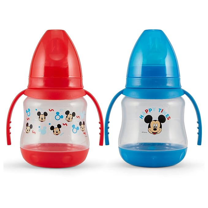 Disney 2 Pack 7 Ounce Baby Bottles with Character Prints and Colored Covers with Double Handle - BPA Free and Easy to Clean
