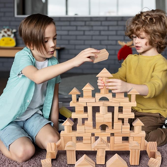 100 Pcs Kids Natural Colored Wood Building Block Toys Wooden Blocks Building Blocks for Toddlers Preschool Learning Toys Stacking Block Birthday Gifts for Toddlers