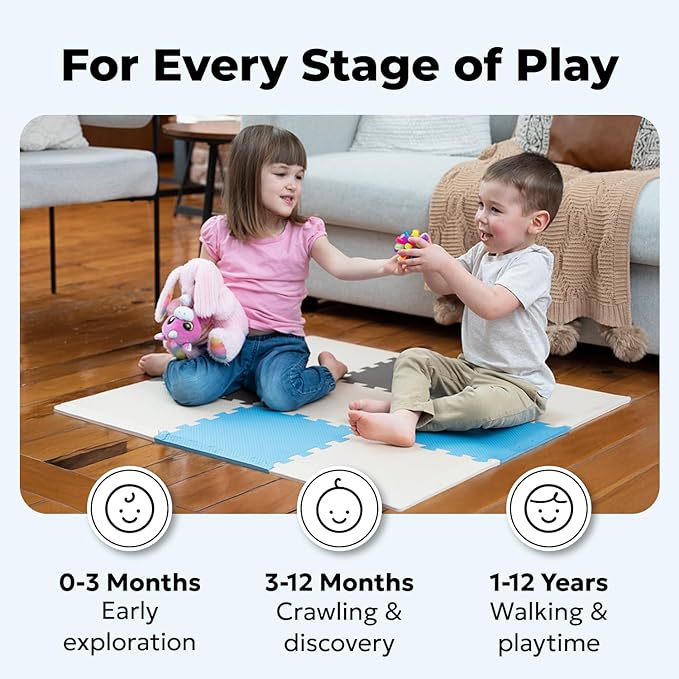 MioTetto Baby Play Mat, Comfortable Tummy Time Mat – Portable Foam Floor Tiles, Safe baby mat for floor for Crawling & Development, Soft play mat for babies 0-6 months, Stylish interlocking foam tiles