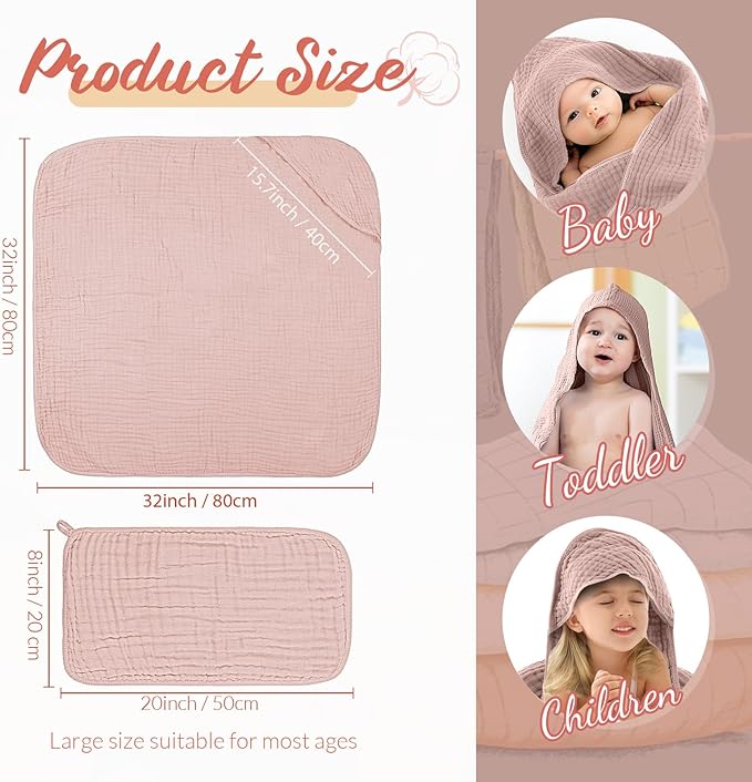 VitalCozy 12 Pcs Baby Muslin Hooded Bath Towels and Washcloths, 32 x 32 Inch Muslin Hooded Baby Towels Absorbent Blankets for Gift Newborn Infant Shower (Girl Style)