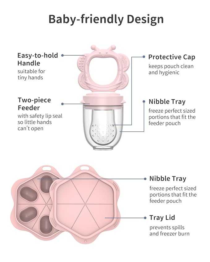 Silicone Baby Fruit Food Feeder (2 Pack) with Freezer Nibble Tray, Breastmilk Popsicle Molds for Baby Teething Relief, Feeder for Safe Infant Self Feeding, BPA Free, Dishwasher Safe, 3 Month+ Pink