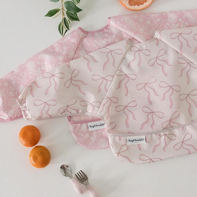 Tiny Twinkle Long Sleeve Bib for Babies & Toddlers – 2 Pack Waterproof Smock Bibs for Eating – Machine Washable & Mess-Proof, Baby Feeding Essential & Shower Must-Have (Toile,Bows, 6-24M)
