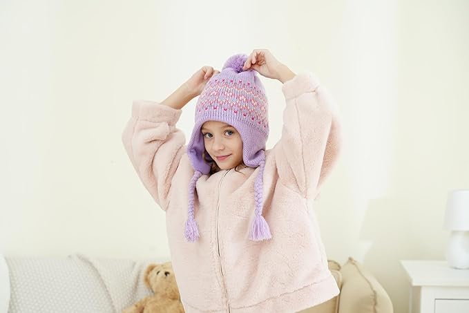 Moon Kitty Girls Knit Hats Winter Fleece Lining Skiing Winter Caps with Warm Ear Flap