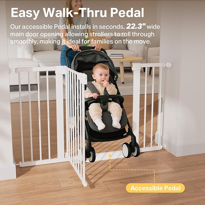 Cumbor 29.7"–51.5" Extra Wide Baby Gate for Stairs, Pressure-Mounted Dog Gates for Doorways & Hallways, Auto-Close Walk-Through, No-Trip Design, Child Proof Safety, Dog/Pet Gate for Indoor Use, White