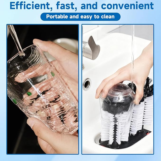 STARVAST 2Pcs Water Bottle Cleaning Brush with Suction Base, Black 3 Head Bristle Bar Glass Washer, Cup Washer Brush Cleaner for Bar Beer Cup, Wine Glass(7.3 x 3.7 x 7.6) Inch