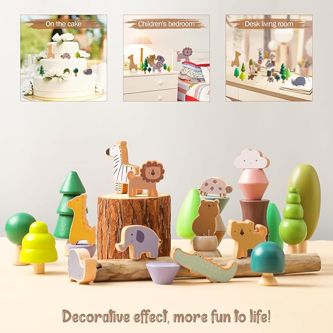 Wooden Animal Forest Balance Stacking Toy Set 36PCS Wood Miniature Tree Blocks Set Elegant Ornaments for Home Decor Wooden Mini Trees Animals Balance Toy for Toddler 36 Months+