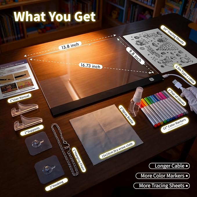 LED Note Board with Colors, Led Drawing Board for Kids, Light Up Acrylic Dry Erase Boards with Stand, Christmas & Birthday Gifts for Girls/Teens (Black, 13.8" x 9.8")