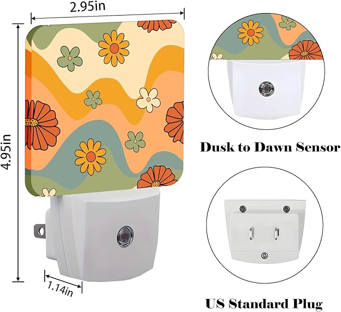 Waves and Floral Night Light,Plug Into Wall for Boys Girls Bedroom Decorative Square Night Light Lamp 0.5w Sleep Friendly