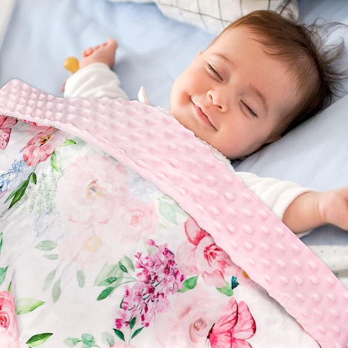 Baby Blankets for Girls Super Soft Minky Toddler Blanket 30x40 Inches, Double Layer, Dotted Backing, Floral Baby Crib Blanket for Nursery, Baby Car Seat, Pet, Pink Flower