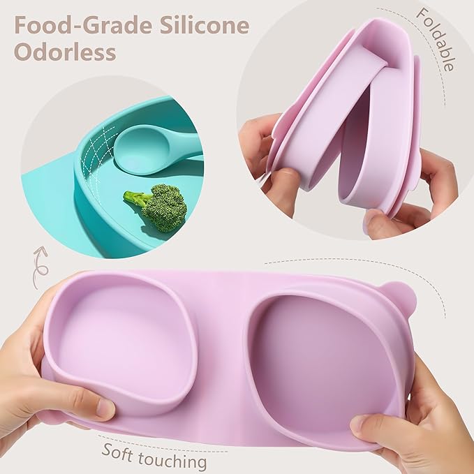 Silicone Foldable Novelty Dinner Plates,Suction Plates for Baby Travel Essential with Forks and Spoons,Microwave & Dishwasher Safe,Purple