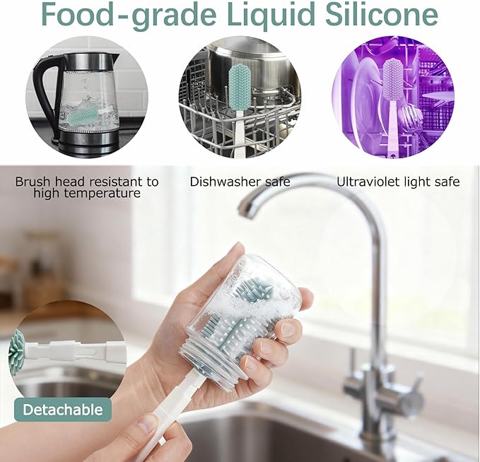 Baby Bottle Brush Set - 7 in1 Travel Bottle Cleaner Kit with Silicone Brush, Nipple Brush, Straw Brush, Bottle Drying Rack, Soap Dispenser, Storage Box, Baby Travel Essential Gift for Parents (Green)