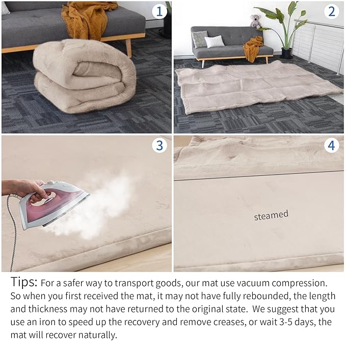 Baby Play Mat for Floor,1.3" Thick Elasti Foam Tummy Time Mat,Soft Coral Velvet Nursery Rug,79"×118" Extra Large Non Slip for Crawling,Toddlers,Infants,kids,Tatami Style for Living Room,Classroom,Playroom(Beige)