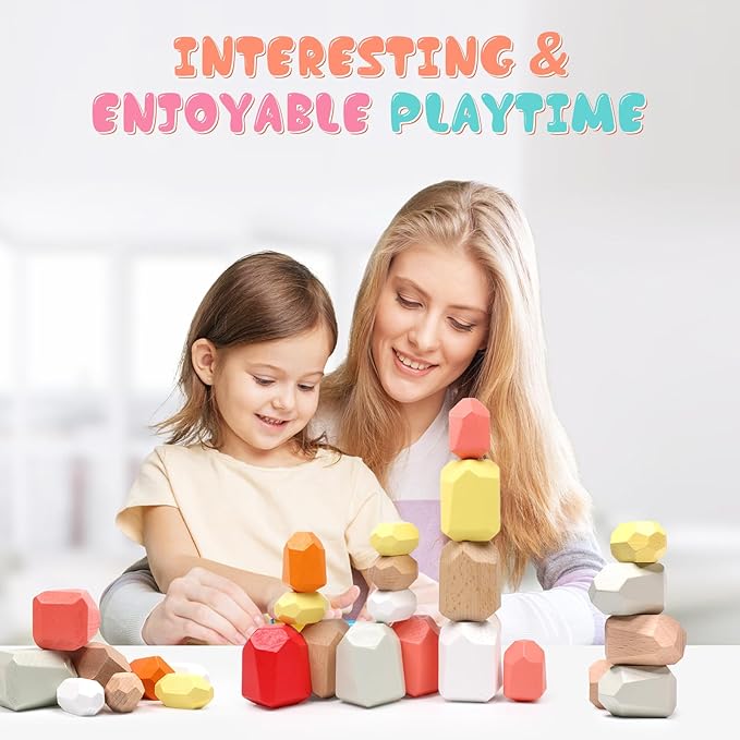 36PCS Wooden Stacking Rocks Building Blocks, Montessori Toys for 3 4 5 year old Stacking Game Sensory Preschool Learning Activities, Balancing Stones Birthday Gifts for Kids 3-5 Easter Basket Stuffers