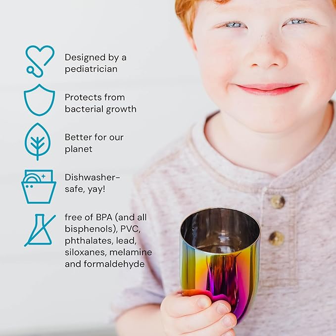 Ahimsa Stainless Steel Kids Cup - Pediatrician Designed Toddler Cups for Open Cup Training, 8oz, 100% BPA Free & Dishwasher Safe (Rainbow Single)
