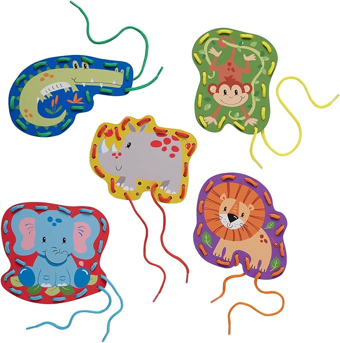 Serabeena Safari Kids Lacing Cards - Colorful Lacing Cards for Kids Ages 3-5 Plus - Lace Up Sewing Cards - Develops Hand-Eye Coordination & Fine Motor Skills - 5 Sewing Animals for Kids with Laces