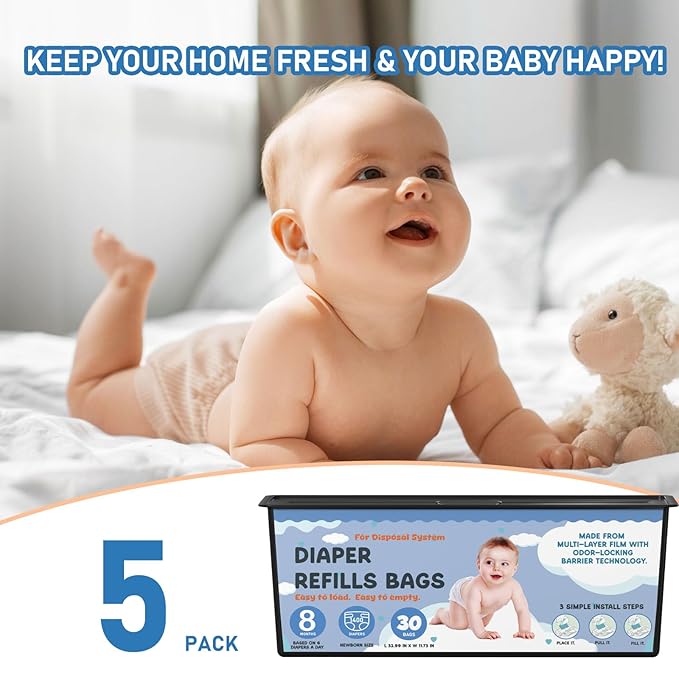 Diaper Pail Refills Bags with 30 Bags Compatible with Genie Easy Roll Signature Diaper Pails and Platinum Diaper Pails, Lasts Up to 8 Months, 7-Layer Odor-Barrier Technology, 5 Pack (150 Bags)