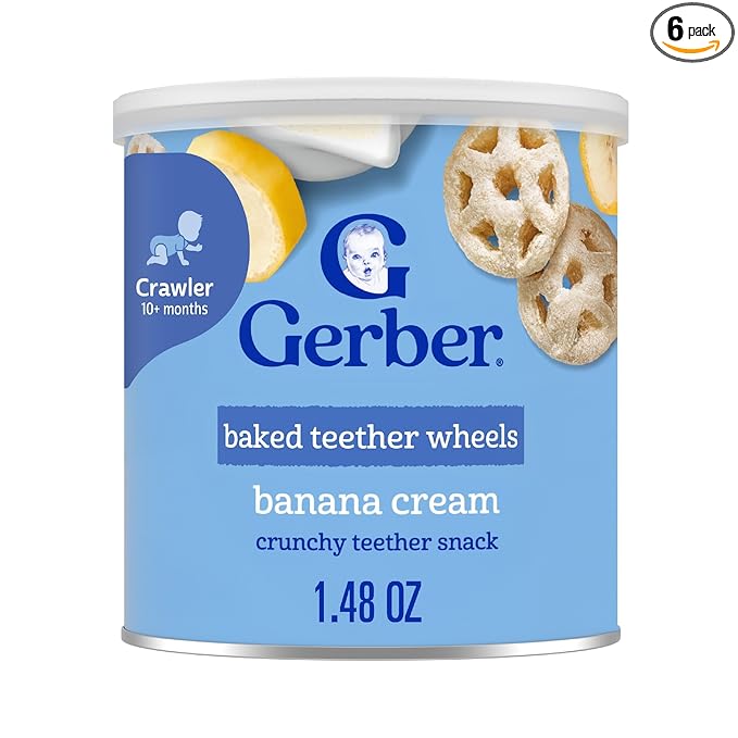 Gerber Baked Teether Wheels, Banana Cream Crunchy Teether Snack, Baby Crackers, 6PK