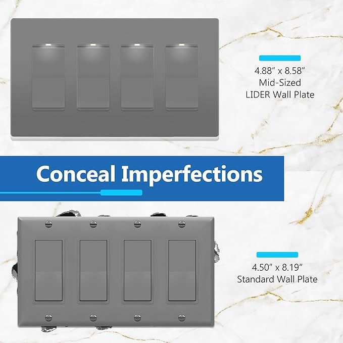 LIDER Matte Finish Decorator Switch Cover, Screwless Wall Plate, Mid-Size 4-Gang 4.88" x 8.58", Unbreakable Polycarbonate Thermoplastic, UL Listed, LSWP-34M-GY, Gray
