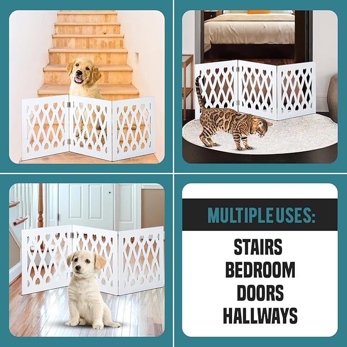 Bundaloo Freestanding Dog Gate Expandable Decorative Wooden Fence for Small to Medium Pet Dogs, Barrier for Stairs, Doorways, & Hallways (Hearts N' Diamonds)