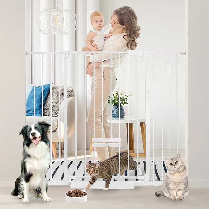 41 Inch Tall Baby Gate with Small Cat Door, Adjustable Auto Close Dog Gate Easy Walk Thru Pet Door for Stairs, Doorway, House (White, 29.52"-49.21")