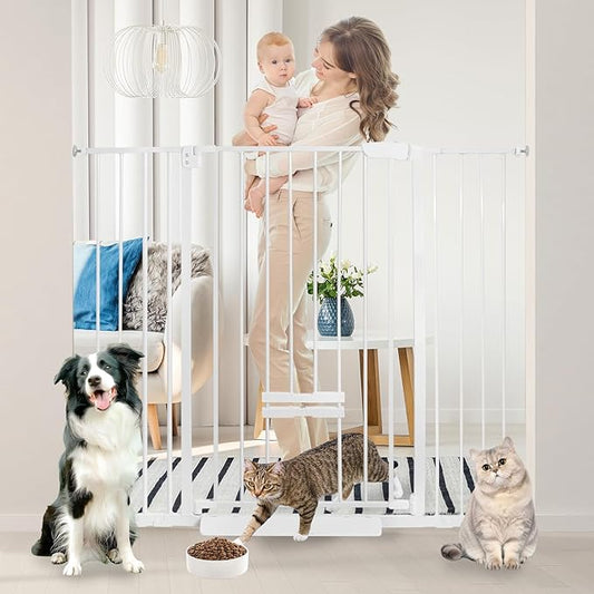 41 Inch Tall Baby Gate with Small Cat Door, Adjustable Auto Close Dog Gate Easy Walk Thru Pet Door for Stairs, Doorway, House (White, 29.52"-49.21")
