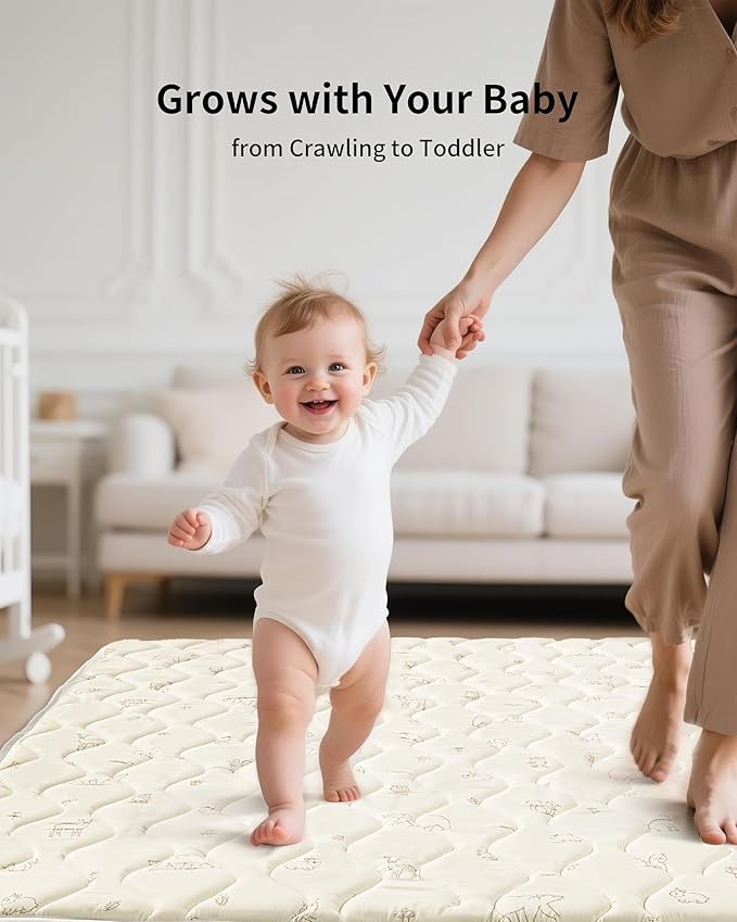 Fortella Baby Play Mat for Playpen & Floor, 47“x47” Foldable Foam Padded Playmats for Babies Toddlers Kids, Washable Soft Non-Slip Crawling Rug, Newborn Tummy Time Nursery Gym Activity (Forest Beige)