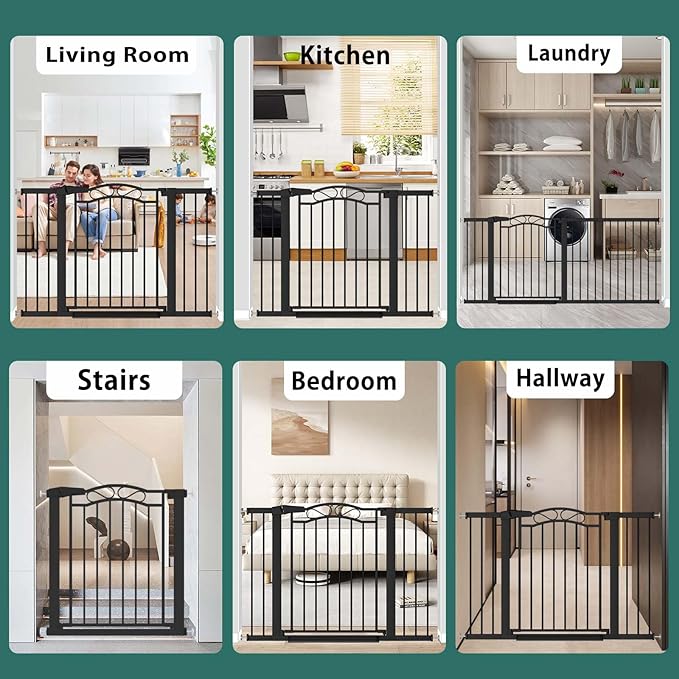 Black Baby Gate with Door-Walk Through Baby Gates for Stairs Pressure Mounted no Drill-Indoor Tension Metal Child Pet Dog Safety Gate 65.35"-68.11" Wide
