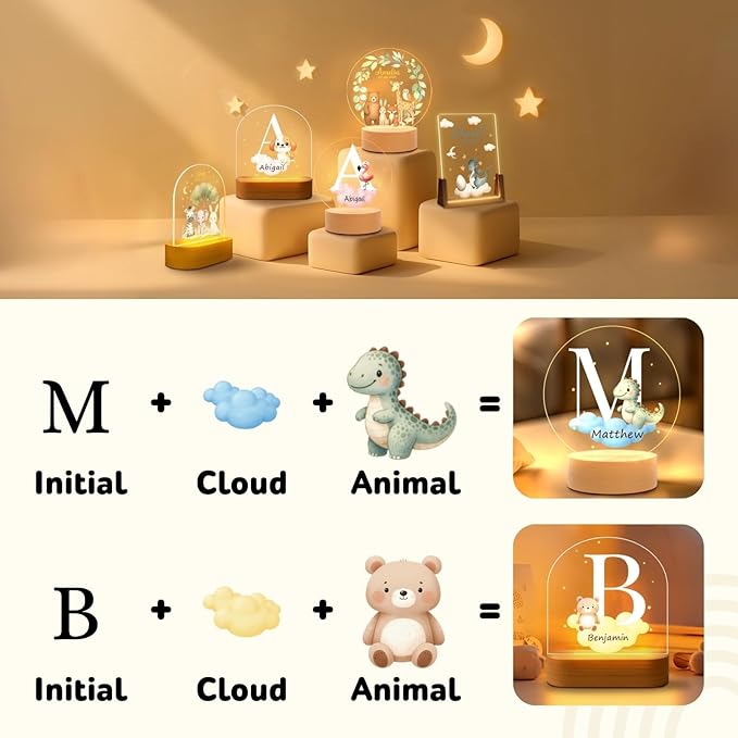 Custom Baby Gift Night Light for Baby Boys Girls Nursery Decor, Personalized Initial Name LED Night Light with Wooden Base, LED Color-Changing Lamp for Toddlers Kids