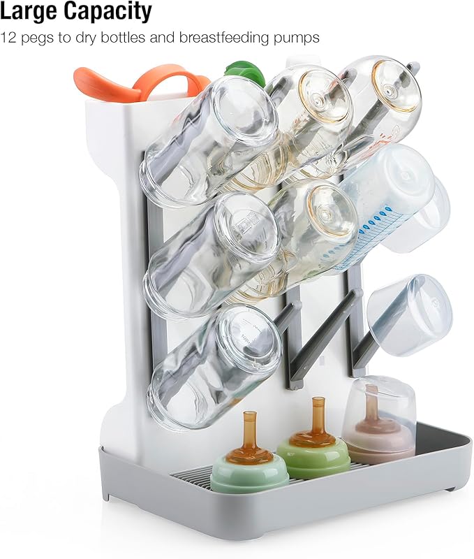 PandaEar Baby Bottle Drying Rack, Vertical Space-Saving Bottle Dryer Stand for Countertop with Removable Water Tray & Pegs, Holds Bottles, Nipples, Sippy Cups & Accessories, Grey