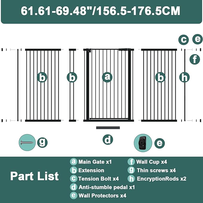 40.55" Tall 1.37" Ultra Narrow Spacing Dogs Pets Baby Gate for Doorway Safety Proof Indoor 69.48-77.36" Extra Wide Puppy Pressure Mounted No Drill Walk Through Black Metal Hallway