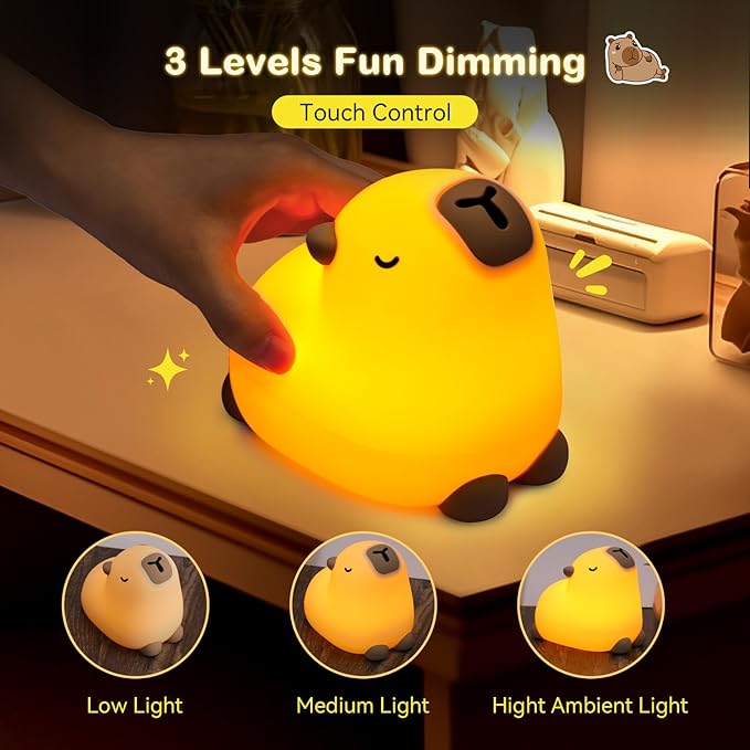 Cute Capybara Night Light for Kids, 3-Level Dimmable Nursery Nightlight, Silicone Squishy Light Up Gifts, Rechargeable Bedside Touch Lamp for Breastfeeding Toddler Baby Kids Decor