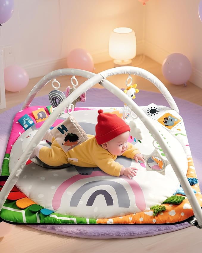 Baby Play Gym with 4 Developmental Zones – Tummy Time Mat & Activity Mat with 6 Sensory Toys, Visual Cards & Pillow – Baby Essentials & Ideal Gift for Newborns