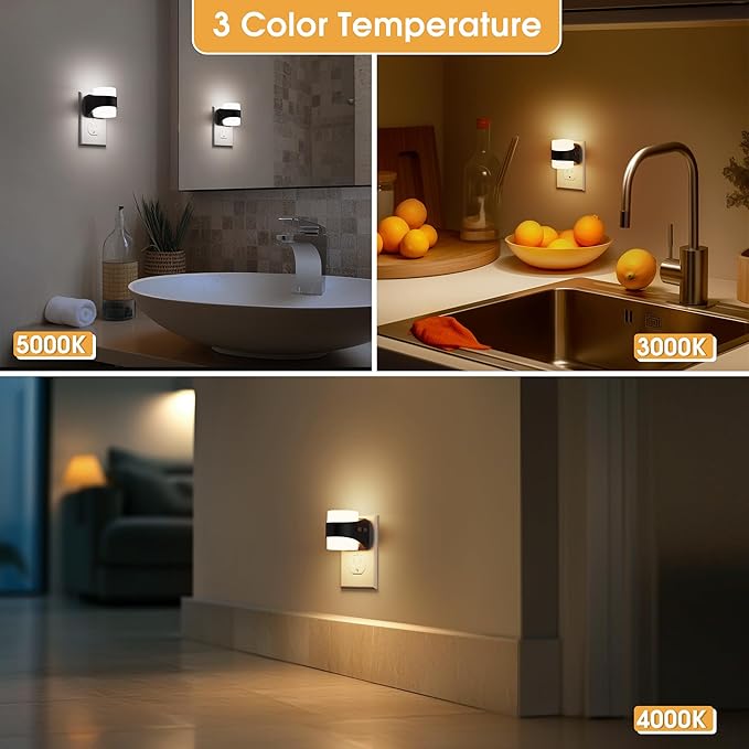 Night Light, Night Lights Plug into Wall, LED Nightlight for Kids & Adults, 3CCT Adjustable 3000K/4000K/5000K Color, Dusk to Dawn Sensor, 3 Brightness Levels, 2 Pack