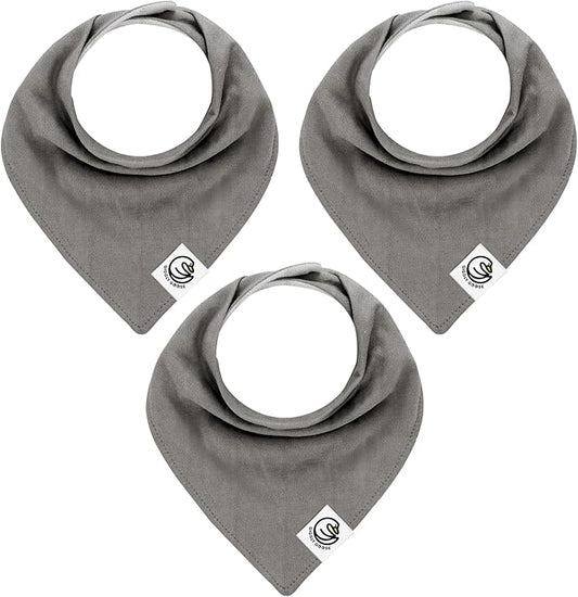 Premium Baby Bibs – 3 Pack for Boys & Girls | Natural Cotton, Super Absorbent Drool & Teething Bibs with Adjustable Snaps - Grey Bandana Bibs