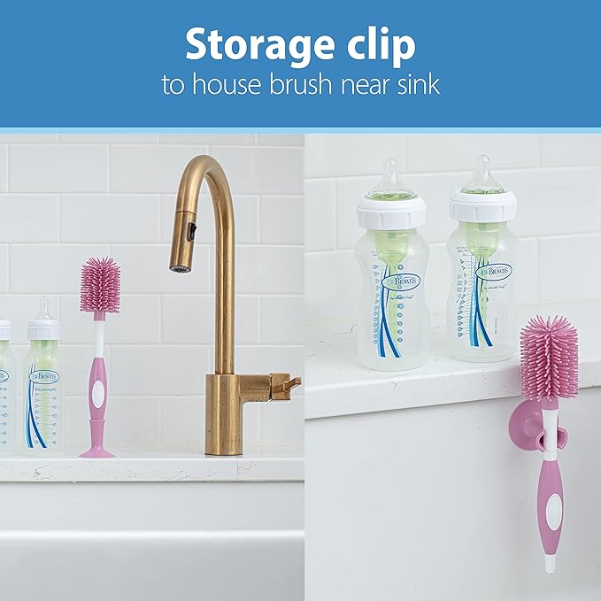 Dr. Brown's Soft Touch No Scratch Baby Bottle Cleaning Brush Nipple Cleaner with Stand and Storage Clip, BPA Free, Pink 1-Pack